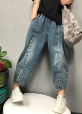 Boho Blau karierte Patchwork-Jeanshose